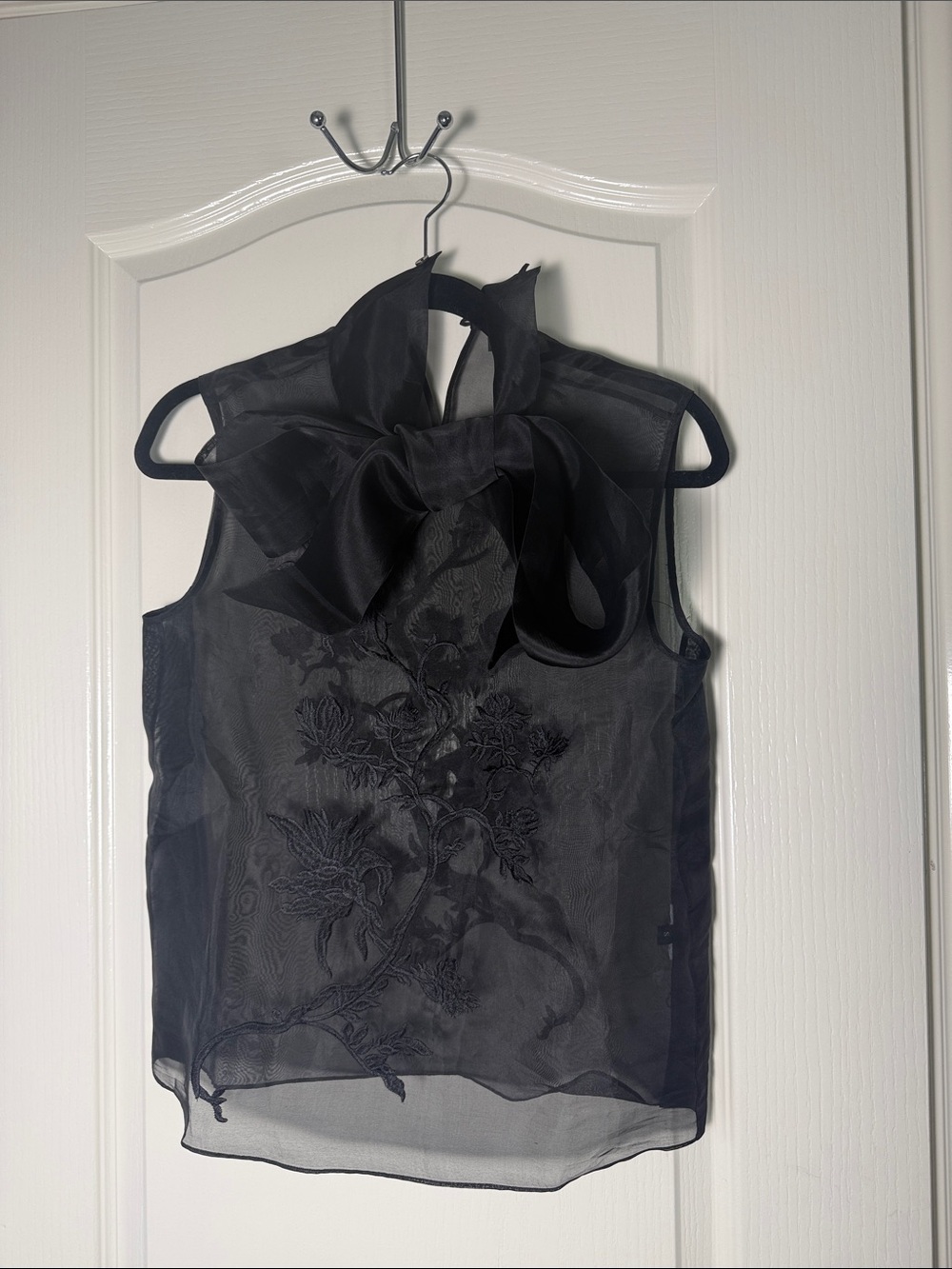 RICH RADI Q'S NEW YORK Silk Black Embroidered Tie-Neck Blouse